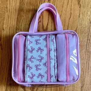 Pink Bow Print Four-Piece Cosmetic Bag Set NWOT